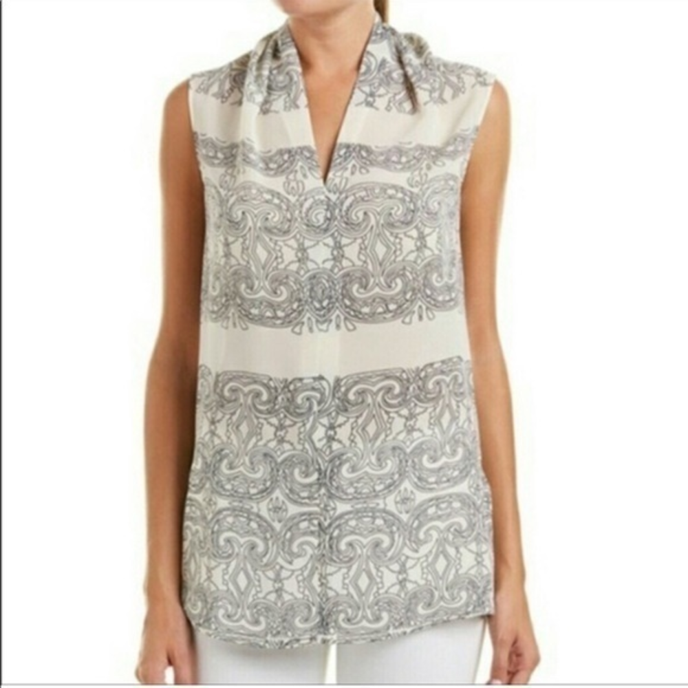 Cabi Women’s White Sleeveless Scrollwork Tunic Top 3091 Semi-Sheer Lightweight